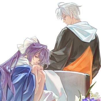 1boy 1girl alt_text black_jacket bow chair commentary_request hair_bow honkai_(series) honkai_impact_3rd hood hoodie jacket kevin_kaslana long_hair mei_(honkai_impact) multicolored_jacket on_chair orange_jacket ponytail purple_eyes purple_hair shiregotoaka short_hair sitting two-tone_jacket very_short_hair white_bow white_hair white_hoodie