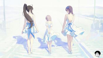 3girls absurdres alternate_costume alternate_hairstyle blue_hair brown_hair danny_marx dress from_behind goddess_of_victory:_nikke hair_ribbon harran_(nikke) high_heels highres inherit_(nikke) isabel_(nikke) long_hair multiple_girls noah_(nikke) pink_hair ponytail ribbon short_hair very_long_hair white_dress