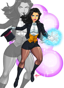 1girl 2018 absurdres black_boots black_hair black_jacket boots bow bowtie breasts brown_pantyhose buttons corset dc_comics dress_shirt energy_ball eyelashes full_body gloves gold_corset grin hat highres holding holding_unworn_clothes holding_unworn_hat jacket justice_league lips lipstick long_hair long_sleeves looking_at_viewer magic magician makeup medium_breasts miyoko_(shayeragal) naughty_face pantyhose parted_bangs parted_lips pink_lips shirt smile solo sparkle top_hat tuxedo_jacket unworn_hat unworn_headwear white_background white_bow white_bowtie white_gloves white_shirt young_justice zatanna_zatara zoom_layer