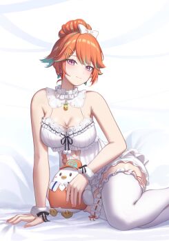 1girl bow breasts chemise cleavage closed_mouth commentary detached_collar frilled_thighhighs frills green_hair hair_bow hair_bun hair_flaps highres hololive hololive_english kfp_employee_(takanashi_kiara) large_breasts light_smile looking_at_viewer official_alternate_costume official_alternate_hairstyle orange_hair purple_eyes resu_desu short_hair short_shorts shorts single_hair_bun sitting solo swept_bangs symbol-only_commentary takanashi_kiara thighhighs virtual_youtuber white_bow white_chemise white_shorts yokozuwari