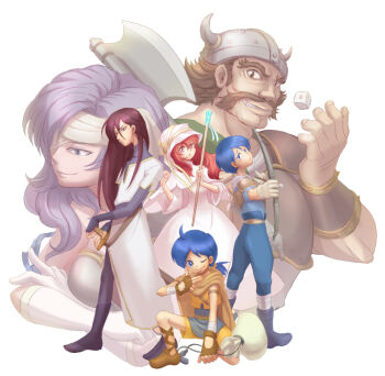 2girls 4boys bow_(weapon) breasts brown_hair castor_(fire_emblem) crossed_arms dice dice_(fire_emblem) dress eyepatch facial_hair fake_horns fingerless_gloves fire_emblem fire_emblem:_archanea_saga fire_emblem:_new_mystery_of_the_emblem gloves grin helmet holding holding_bow_(weapon) holding_weapon hood horned_helmet horns large_breasts lena_(fire_emblem) long_hair malice_(fire_emblem) multiple_boys multiple_girls mustache navarre_(fire_emblem) nintendo ponytail purple_hair red_hair rickard_(fire_emblem) smile weapon white_dress white_gloves yuko_o