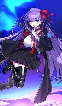 1girl bb_(fate) bb_(fate/extra) black_boots black_coat black_skirt blue_background boots breasts chain closed_mouth coat collared_shirt commentary_request fate/grand_order fate_(series) finger_to_mouth game_cg gloves hair_ribbon high-waist_skirt high_collar large_breasts legs_together long_hair long_sidelocks long_sleeves looking_at_viewer microskirt narrow_waist neck_ribbon official_art open_clothes open_coat panties pleated_skirt purple_eyes red_ribbon ribbon shirt sidelocks single_sidelock skirt smile solo thigh_boots thigh_gap third-party_source two-sided_coat two-sided_fabric two-sided_skirt underwear v-shaped_eyebrows very_long_hair wada_arco white_gloves white_panties white_shirt wide_sleeves wing_collar