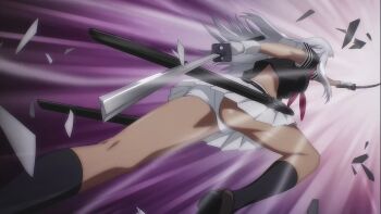 1girl 20s ass attack breasts broken broken_sword broken_weapon dark_skin dual_wielding emphasis_lines highres holding holding_sword holding_weapon ikkitousen jumping katana large_breasts long_hair midriff miniskirt navel ryona school_uniform shin_ikkitousen shiny_skin skirt slashing solo stitched sword third-party_edit weapon wide_hips yamada_asaemon_(ikkitousen)