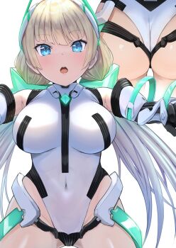 1girl angela_balzac ass bare_shoulders blush breasts covered_navel deva_battle_suit elbow_gloves gloves headgear highleg highleg_leotard highres large_breasts legs leotard long_hair looking_at_viewer low_twintails mecha_pilot_suit multiple_views neon_trim open_mouth p_answer rakuen_tsuihou thigh_strap twintails very_long_hair white_leotard