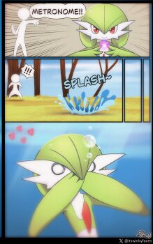 Rule 34 | !, !!, absurdres, air bubble, artist name, bob cut, bubble, colored skin, commentary, emphasis lines, english commentary, gardevoir, gen 3 pokemon, green hair, green skin, highres, luvdisc, metronome (pokemon), multicolored skin, nintendo, pokemon, pokemon (creature), signature, two-tone skin, underwater, water, white skin, winkyfaces