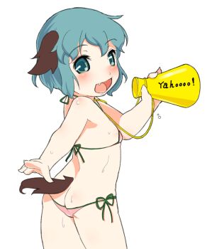 1girl animal_ears ass bikini blush commentary_request cowboy_shot dog_ears dog_girl dog_tail fang flat_chest from_side green_eyes green_hair hand_up holding holding_megaphone kasodani_kyouko loli looking_at_viewer looking_back megaphone micro_bikini open_mouth pink_bikini short_hair side-tie_bikini_bottom simple_background solo sweat swimsuit tail torque touhou white_background