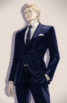 Rule 34 | 1boy, alternate costume, alternate hairstyle, badeni, belt, black belt, black necktie, black pants, black suit, blonde hair, blue eyes, chi.: chikyuu no undou ni tsuite, closed mouth, commentary request, contemporary, dress shirt, formal clothes, hand in pocket, highres, jacket, male focus, medium hair, necktie, pants, scar, scar on face, scar on mouth, scar on nose, shirt, solo, suit, suit jacket, white shirt, yodaka orb