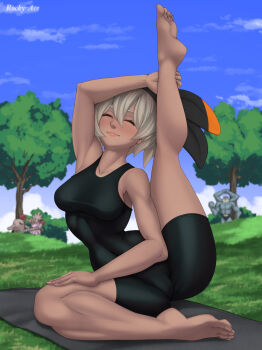 1girl barefoot bea_(pokemon) blurry closed_eyes dark_skin depth_of_field feet gen_1_pokemon grass grey_hair hairband highres hitmonchan hitmonlee machamp medium_hair nintendo pokemon pokemon_swsh rocky-ace skin_tight smile soles stretching toes yoga