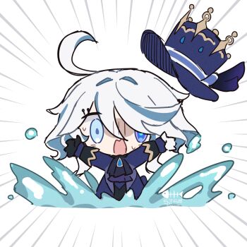 1girl ahoge ascot asphyxiation asymmetrical_gloves black_ascot black_gloves blue_eyes blue_gemstone blue_hair blue_hat blue_jacket brooch chibi drop-shaped_pupils drowning furina_(genshin_impact) gem genshin_impact gloves hat heterochromia highres jacket jewelry looking_at_viewer mismatched_gloves mismatched_pupils multicolored_hair open_mouth ouji_fashion panicking rasarasu solo streaked_hair symbol-shaped_pupils top_hat white_gloves white_hair