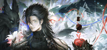 1boy absurdres apple bird bitten_apple black_feathers black_gloves black_hair black_sweater blue_eyes blue_ribbon buster_sword commentary crisis_core:_final_fantasy_vii cross_scar facial_scar feathers final_fantasy final_fantasy_vii flower food food_bite fruit gloves highres holding holding_flower holding_food holding_fruit looking_at_viewer male_focus medium_hair parted_lips planted planted_sword planted_weapon ppiinnee24 red_ribbon ribbed_sweater ribbon scar scar_on_cheek scar_on_face sleeveless sleeveless_turtleneck spiked_hair stairs sweater sword turtleneck turtleneck_sweater upper_body weapon white_bird zack_fair