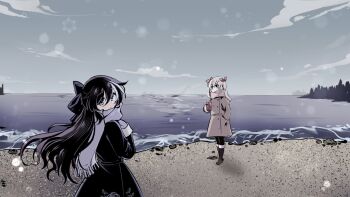 2girls black_coat black_eyes black_hair brown_coat coat commentary double-parted_bangs english_commentary grey_scarf grey_sky hair_between_eyes highres long_hair looking_at_viewer multiple_girls ocean original outdoors ryuuxin sadie_(ryuuxin) scarf sky snowflakes snowing water winter