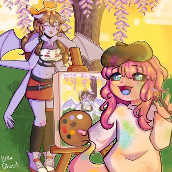 Rule 34 | 1girl, animal ears, arkanis, arthropod girl, artist name, bat ears, beret, black sclera, brown hair, colored sclera, colored skin, dante will, dante will (spider), dress, extra arms, extra eyes, fingernails, fox, fox on head, ghost, ghost tail, hat, highres, holding, holding paint palette, holding paintbrush, indie virtual youtuber, insect girl, iris (arkanis), long hair, long sleeves, monster girl, paint on clothes, paint palette, paintbrush, picture frame, pink skin, portuguese commentary, purple skin, shirt, smile, spider girl, star-shaped pupils, star (symbol), symbol-shaped pupils, thebibighost, tree, virtual youtuber, wings