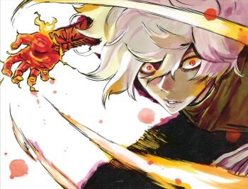 1boy attack bandaged_wrist bandages black_pants burning commentary english_commentary fire flaming_hand gabimaru hair_between_eyes japanese_clothes jigokuraku male_focus ninja open_mouth pants red_eyes sash scar scar_across_eye scar_on_face short_hair simple_background white_hair white_sash