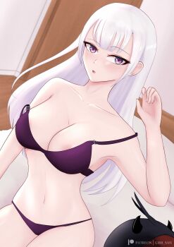 1girl absurdres bedroom black_clover bra breasts female_focus gibb_san hair_down highres lingerie long_hair looking_at_viewer medium_breasts nipple_slip nipples noelle_silva panties plushie purple_eyes underwear white_hair