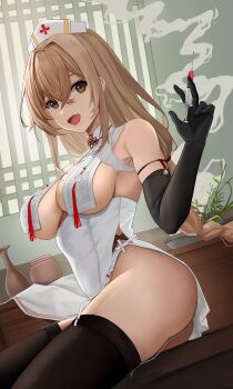 1girl absurdres black_gloves black_thighhighs blonde_hair breasts brown_eyes cleavage commentary cozie178 dress elbow_gloves feet_out_of_frame garter_straps girls'_frontline girls'_frontline_2:_exilium gloves hat highres holding holding_syringe long_hair looking_at_viewer medium_breasts mole mole_under_eye no_panties nurse nurse_cap official_alternate_costume open_mouth qiuhua_(girls'_frontline_2) sidelocks sitting smile smoke solo syringe thighhighs thighs type_97_shotgun_(girls'_frontline) type_97_shotgun_(truth_serum_abuser)_(girls'_frontline) underboob white_dress white_hat