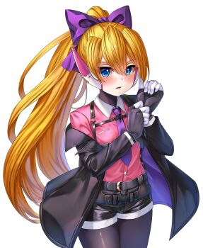 1girl belt blonde_hair blue_eyes bodystocking bow breasts button-down_collar buttons ceijin ciel_(mega_man) eyelashes formal_clothes gloves hair_bow highres jacket long_hair long_sleeves looking_at_viewer mechanical_ears mega_man_(series) mega_man_zero_(series) necktie no_headwear non-web_source open_mouth ponytail shorts small_breasts strap suit thighs transparent_background