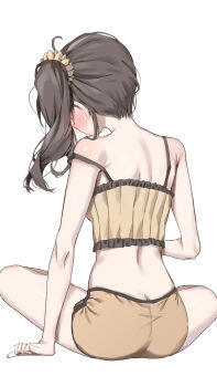 1girl absurdres ahoge ass back backboob bare_arms bare_shoulders blush breasts brown_hair butt_crack camisole commentary crop_top dolphin_shorts frilled_camisole frills from_behind hair_ornament hair_scrunchie highres hololive long_hair median_furrow micro_shorts midriff nape natsuiro_matsuri natsuiro_matsuri_(matsuri&#039;s_day_off) on_bed orange_shorts profile scarlet_(wv0102) scrunchie shorts shoulder_blades simple_background single_off_shoulder sitting solo spread_legs strap_slip sweatdrop symbol-only_commentary taut_clothes taut_shorts turning_head virtual_youtuber white_background yellow_camisole yellow_scrunchie
