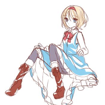 Rule 34 | 1girl, alice margatroid, black pantyhose, blonde hair, blue dress, blue eyes, boots, bow, bowtie, brown boots, capelet, collared shirt, commentary request, dress, hairband, knee boots, long sleeves, pantyhose, pinafore dress, red bow, red bowtie, red hairband, shirt, simple background, sketch, sleeveless, sleeveless dress, touhou, tsuno no hito, white background, white shirt