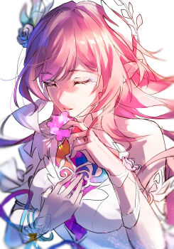 1girl absurdres bare_shoulders breasts closed_mouth commentary_request cyrene_(honkai:_star_rail) cyrene_(ripples_of_past_reverie)_(honkai:_star_rail) dress flower hair_flower hair_ornament halo highres holding_puzzle_piece honkai:_star_rail honkai_(series) jewelry kota_014pr large_breasts long_hair pink_hair pointy_ears puzzle_piece ring solo upper_body very_long_hair white_dress