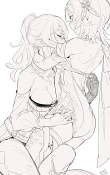 2girls ass back blush bodysuit bodysuit_pull breasts cleavage closed_eyes clothes_pull dress_pull eula_(genshin_impact) genshin_impact greyscale hand_on_another&#039;s_ass hand_under_clothes hand_under_shorts highres jean_(genshin_impact) large_breasts monochrome multiple_girls partially_undressed partially_unzipped ryein shorts simple_background sketch thighhighs yuri