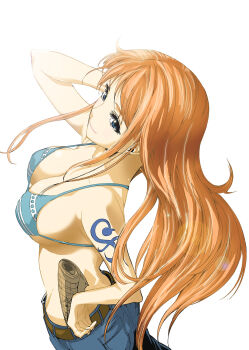 1girl alternate_eye_color belt bikini bikini_top_only blue_bikini blue_eyes breasts cleavage collarbone denim female_focus from_above from_side highres jeans large_breasts long_hair map nami_(one_piece) nami_(one_piece)_(return_to_sabaody) one_piece orange_hair pants sagatsune shoulder_tattoo simple_background smile solo standing strap_gap swimsuit tattoo white_background