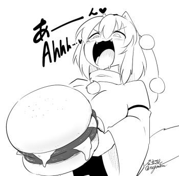 &gt;:) 1girl :3 animal_ears bilingual_text black_skirt breasts burger commentary_request cowboy_shot detached_sleeves drooling english_text fangs food hair_between_eyes hat heart holding holding_burger holding_food inubashiri_momiji long_sleeves looking_down mixed-language_text monochrome open_mouth oversized_food oversized_object pom_pom_(clothes) shirt short_hair simple_background sketch skirt smile solo tail taurine_8000mg tokin_hat touhou v-shaped_eyebrows white_background white_hair white_shirt wide_sleeves wolf_ears wolf_girl wolf_tail