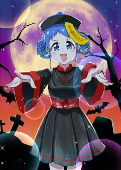 alternate_costume alternate_hairstyle bat_(animal) black_dress blue_eyes blue_hair blue_skin braid braided_bun china_dress chinese_clothes colored_skin double_bun dress feet_out_of_frame full_body gradient_sky graveyard hair_bun halloween_costume hat jiangshi kantai_collection lens_flare night night_sky ofuda ofuda_on_head orange_sky outstretched_arms pleated_dress purple_sky qingdai_guanmao samidare_(kancolle) sky smile tombstone yokoshima_(euphoria) zombie_pose