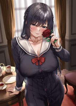 Rule 34 | 1girl, absurdres, black hair, black shirt, black skirt, blush, bow, braid, breasts, chair, commentary request, covered erect nipples, cup, curtains, flower, highres, holding, holding flower, indoors, jack dempa, large breasts, long hair, long sleeves, looking at viewer, miyamae shiho (jack dempa), mole, mole under eye, original, plate, red bow, sailor collar, school uniform, serafuku, shirt, skirt, smile, solo, standing, table, teacup, teapot, white sailor collar, window
