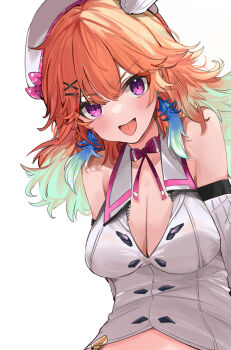 1girl alternate_color appleseed_(appleseed_art) beret breasts cleavage collared_jacket earrings feather_earrings feathers gradient_hair green_hair hair_ornament hairpin hat highres hololive hololive_english jacket jewelry large_breasts looking_at_viewer medium_hair multicolored_hair open_mouth orange_hair shirt smile solo takanashi_kiara takanashi_kiara_(1st_costume) virtual_youtuber white_hat white_jacket white_shirt x_hair_ornament