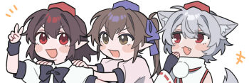 Rule 34 | +++, 3girls, animal ear fluff, animal ears, black bow, black bowtie, blush, bow, bowtie, chibi, chibi only, collared shirt, commentary request, detached sleeves, fang, hair between eyes, hat, himekaidou hatate, inubashiri momiji, multiple girls, notice lines, open mouth, pink shirt, pointy ears, puffy short sleeves, puffy sleeves, purple hat, red eyes, red hat, ribbon-trimmed sleeves, ribbon trim, sakic43899, shameimaru aya, shirt, short sleeves, simple background, smile, tokin hat, touhou, twintails, v, white background, white shirt, wolf ears, wolf girl