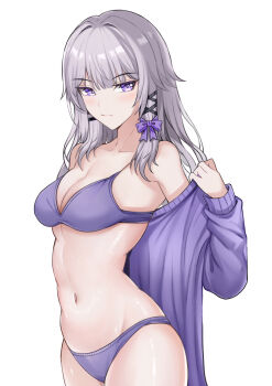 Rule 34 | 1girl, absurdres, alternate costume, bare shoulders, blush, bra, breasts, closed mouth, commentary request, grey hair, hair ornament, herta (honkai: star rail), highres, honkai: star rail, honkai (series), large breasts, long hair, looking at viewer, namakisama, navel, off shoulder, panties, purple bra, purple eyes, purple panties, simple background, solo, stomach, the herta (honkai: star rail), underwear, white background