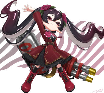 1girl :&gt; arm_up black_hair black_thighhighs boots bow bowtie closed_mouth collared_dress commentary commission dress dress_flower floating_hair flower full_body gradient_hair hair_between_eyes hair_flower hair_ornament highres holding holding_weapon hydra_splatling_(splatoon) inkling inkling_girl inkling_player_character knee_boots long_hair long_sleeves looking_at_viewer multicolored_hair nintendo pink_bow pink_bowtie pink_flower pointy_ears puchiman red_boots red_dress red_eyes red_hair signature smile solo splatoon_(series) standing symbol-only_commentary tentacle_hair thighhighs twintails very_long_hair watermark watermark_grid weapon