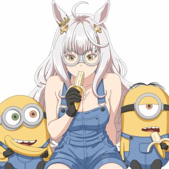 1girl 2boys absurdres ahoge animal_ears banana biwa_hayahide_(umamusume) black_gloves blue_overalls breasts cleavage commentary crossover cyclops despicable_me eating english_commentary food fruit gloves goggles green_eyes half-closed_eyes highres horse_ears horse_girl inkubator08 large_breasts long_hair minion_(despicable_me) minions_(movie) multiple_boys naked_overalls one-eyed orange_eyes overalls simple_background sitting thighs umamusume v-shaped_eyebrows white_background white_hair yellow_eyes