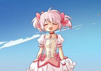 1girl :d ahoge blue_sky blush bow bow_choker bubble_skirt choker closed_eyes cowboy_shot day dress dress_bow facing_viewer frilled_skirt frilled_sleeves frills gloves hair_bow highres kaname_madoka kaname_madoka_(magical_girl) magical_girl mahou_shoujo_madoka_magica mahou_shoujo_madoka_magica_(anime) mu0_0gi open_mouth outdoors pink_dress pink_hair red_bow red_choker short_dress short_hair short_sleeves short_twintails skirt sky smile solo twintails white_gloves white_skirt