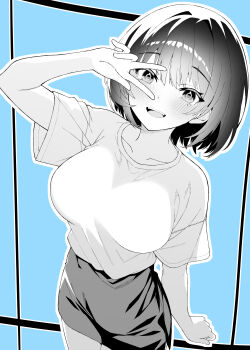 1girl :d absurdres blue_background blush breasts collarbone commentary_request greyscale_with_colored_background highres large_breasts looking_at_viewer maika_(ogata) miniskirt mole mole_under_eye ogata_(ogt_illust) open_mouth original outline shirt short_hair side_slit skirt smile solo t-shirt teeth textless_version upper_teeth_only v v_over_eye white_outline