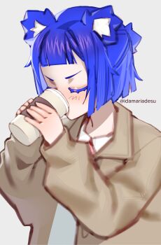 1girl absurdres animal_ears blue_hair blunt_bangs closed_eyes cup disposable_coffee_cup disposable_cup go!_go!_gris! gris_(go!_go!_gris!) highres idamaria short_hair solo upper_body white_background