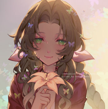 Rule 34 | 1girl, aerith gainsborough, braid, braided ponytail, brown hair, bug, butterfly, choker, closed mouth, commission, final fantasy, final fantasy vii, final fantasy vii remake, flower, green eyes, hair ribbon, highres, holding, holding flower, insect, jacket, light blush, light smile, long hair, orange sekaii, parted bangs, pink ribbon, red jacket, ribbon, sidelocks, single braid, solo, upper body, yellow flower