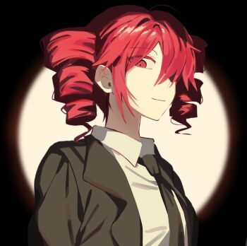 1girl ahoge alternate_costume arms_at_sides black_background black_jacket black_necktie breasts chainsaw_man cosplay drill_hair formal_clothes hair_over_one_eye highres jacket kasane_teto looking_at_viewer makima_(chainsaw_man) makima_(chainsaw_man)_(cosplay) necktie open_clothes open_jacket open_mouth red_eyes red_hair samsap shirt simple_background small_breasts smile solo suit suit_jacket twin_drills upper_body utau white_shirt