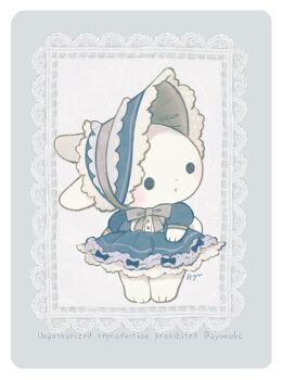 Rule 34 | animal, animal focus, ayu (mog), blue bonnet, blue dress, bonnet, bow, bowtie, closed mouth, clothed animal, commentary, commentary request, dress, english commentary, frilled dress, frills, full body, grey bow, grey bowtie, looking to the side, mixed-language commentary, no humans, original, rabbit, romaji commentary, short sleeves, signature, solid circle eyes, standing, twitter username, watermark