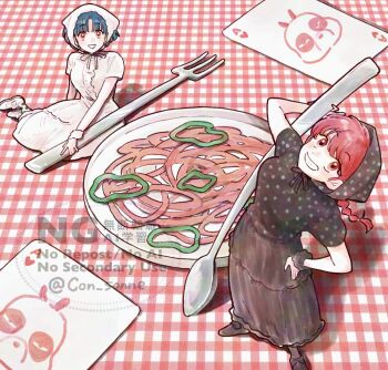 2girls black_dress black_shoes blue_hair braid brown_eyes card con_sonne dress food grin multiple_girls oversized_food oversized_fork oversized_object oversized_spoon pale_skin panda plaid_background playing_card ranma-chan ranma_1/2 red_eyes red_hair saotome_genma_(panda) scrunchie shadow shoes single_braid sitting smile tagme tendou_akane white_dress white_shoes wrist_scrunchie