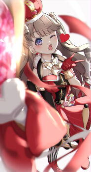 1girl absurdres aoiao arched_crown asymmetrical_gloves bare_shoulders black_gloves black_thighhighs blowing_kiss boots bow bow-shaped_hair bowtie breasts collarbone commentary_request crown dress elbow_gloves fujishima_megumi full_body gloves heart heart-shaped_gem highres holding holding_staff large_breasts link!_like!_love_live! looking_at_viewer love_live! mismatched_gloves mismatched_thighhighs open_mouth pinstripe_dress pinstripe_pattern red_boots red_crown red_dress red_gloves simple_background single_elbow_glove sleeveless sleeveless_dress solo staff striped_clothes striped_thighhighs thighhighs uneven_gloves virtual_youtuber white_background yellow_bow yellow_bowtie zenhoi_kyun