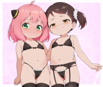 2girls ahoge anya_(spy_x_family) becky_blackbell black_bra black_panties black_thighhighs blush bow bow_bra bow_panties bra brown_eyes brown_hair cameltoe closed_mouth eroneko_senpai flat_chest garter_belt gluteal_fold green_eyes hair_ornament hair_scrunchie hairclip hairpods highleg highleg_panties lingerie loli looking_at_viewer medium_hair multiple_girls navel panties pink_hair scrunchie short_hair smile spy_x_family thighhighs twintails underwear yellow_eyes