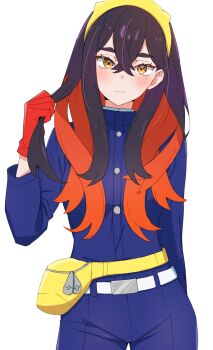 1girl black_hair blue_jacket blush carmine_(pokemon) closed_mouth colored_inner_hair commentary_request crossed_bangs eyelashes hair_between_eyes hairband highres jacket kamidan long_hair long_sleeves looking_at_viewer mole mole_under_eye multicolored_hair nintendo pokemon pokemon_sv red_hair simple_background solo two-tone_hair white_background yellow_eyes yellow_hairband