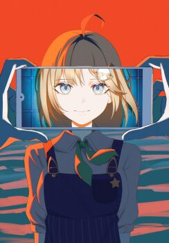 Rule 34 | 1girl, 1other, absurdres, ahoge, arms behind back, blonde hair, blue eyes, blue overalls, breasts, cellphone, commentary, dooby, english commentary, highres, holding, holding phone, hololive, hololive english, indie virtual youtuber, medium breasts, overalls, phone, pov, shirt, smartphone, smile, virtual youtuber, watson amelia, white shirt, yubbiidraw