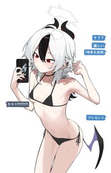 1girl absurdres bare_arms bikini black_bikini black_choker black_hair black_horns blue_archive blush cellphone choker cowboy_shot fataaa grey_halo hair_between_eyes halo highres holding holding_phone horns kayoko_(blue_archive) multicolored_hair phone red_eyes simple_background single_wing smartphone solo swimsuit translation_request two-tone_hair white_background white_hair wings