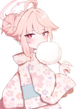 1girl akarenga alternate_costume alternate_hairstyle antenna_hair blue_archive halo highres japanese_clothes kimono looking_at_viewer natsu_(blue_archive) pink_hair pink_halo pink_kimono red_eyes simple_background solo upper_body white_background