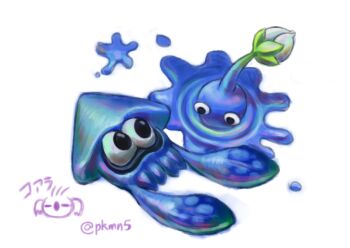 black_eyes blue_pikmin blue_skin blue_theme bud colored_skin commentary_request ink inkling_(swim_form) inkling_player_character looking_at_another nintendo no_humans partially_submerged pikmin_(creature) pikmin_(series) ripples signature simple_background splatoon_(series) squid white_background yamato_koara