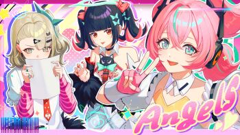 Rule 34 | 3girls, angels of delusion, anna (drw01), aqua hair, aqua streaks, aria (zenless zone zero), arm warmers, bandaid, bandaid hair ornament, barcode, bare shoulders, black choker, black skirt, blue eyes, bow, checkered necktie, choker, colored inner hair, commentary request, covering own mouth, crossed bangs, detached collar, detached sleeves, english text, fingerless gloves, frilled sleeves, frills, fur-trimmed skirt, fur-trimmed sleeves, fur trim, gloves, green bow, green eyes, green hair, green halo, hair between eyes, hair bow, hair ornament, halo, heart, heart hair ornament, highres, holding, holding paper, jewelry, looking at viewer, multicolored hair, multiple girls, multiple hair bows, multiple hair clips, multiple rings, nangong yu, necktie, open mouth, paper, pink arm warmers, pink gloves, pink hair, red bow, red eyes, red nails, red necktie, ring, shirt, short twintails, skirt, streaked hair, striped arm warmers, sunna (zenless zone zero), tongue, tongue out, twintails, v, white shirt, zenless zone zero