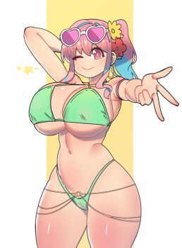 1girl arm_up artist_request bikini breasts cleavage curvy female_focus flower flower_on_head highres hozuki_kaede huge_breasts long_hair looking_at_viewer matching_hair/eyes navel one_eye_closed onii-chan_wa_oshimai! pink_eyes pink_hair ponytail solo sunglasses swimsuit thick_thighs thighs wink