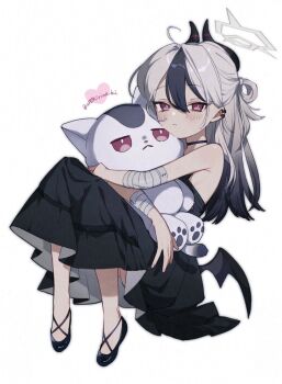 1girl adversarial_noise alternate_costume alternate_hairstyle bandaged_arm bandages black_choker black_dress black_hair black_shoes blue_archive blush bright_pupils choker closed_mouth commentary demon_girl demon_horns demon_wings dress dutch_angle earclip frown full_body gradient_hair grey_hair grey_halo hair_behind_ear hair_between_eyes halo heart highres horns hugging_object kayoko_(blue_archive) kisaka knees_up long_dress looking_at_viewer low_wings multicolored_hair no_socks one_side_up paw_print red_eyes shoes simple_background sitting sleeveless sleeveless_dress slit_pupils solo stuffed_animal stuffed_cat stuffed_toy symbol-only_commentary tsurime twitter_username two-tone_hair white_background white_pupils wings